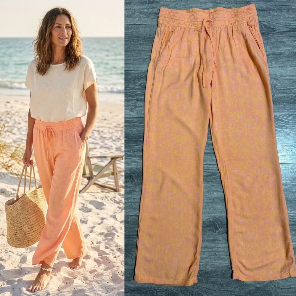 Hurley Womens Size M Orange Pink Batik Print Beach Pants Smocked Waist Coastal